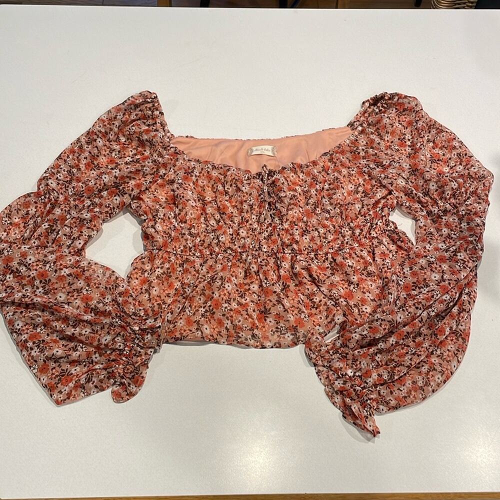 Altar'd State Coral Floral Smocked Peasant Top